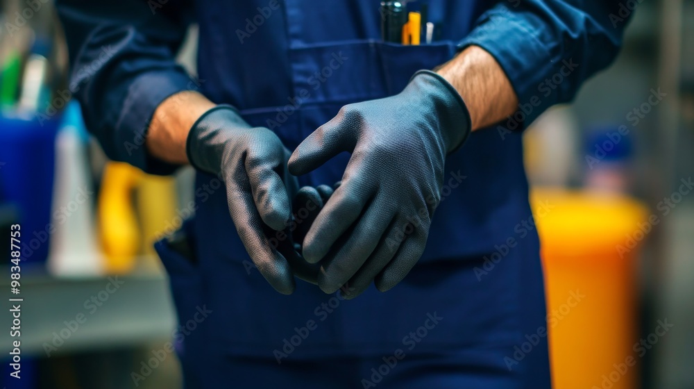 A Person Wearing Black Gloves and Blue Work Clothes