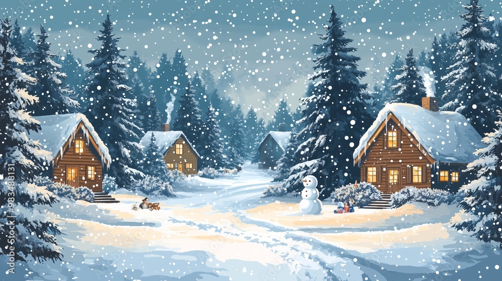 A serene winter scene featuring several cozy log cabins nestled among tall snow-covered pine trees. A serene winter scene featuring several cozy log cabins nestled among tall snow-covered pine trees.