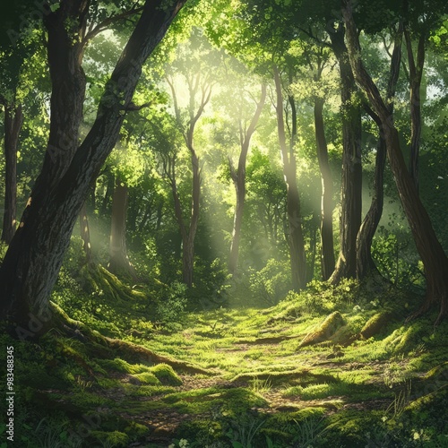 Sunlit Path Through Lush Green Forest