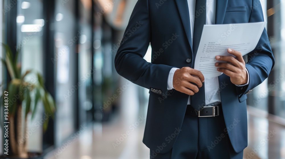 Confident professional in sleek attire, poised with resume, minimalist white backdrop, ideal for career and recruitment concepts Confident professional in sleek attire, poised with resume, minimalist white backdrop, ideal for career and recruitment concepts
