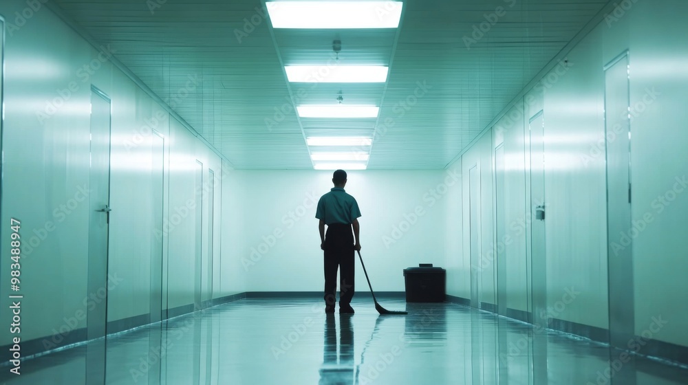A lone janitor standing in a hallway with a mop and bucket. A lone janitor standing in a hallway with a mop and bucket.