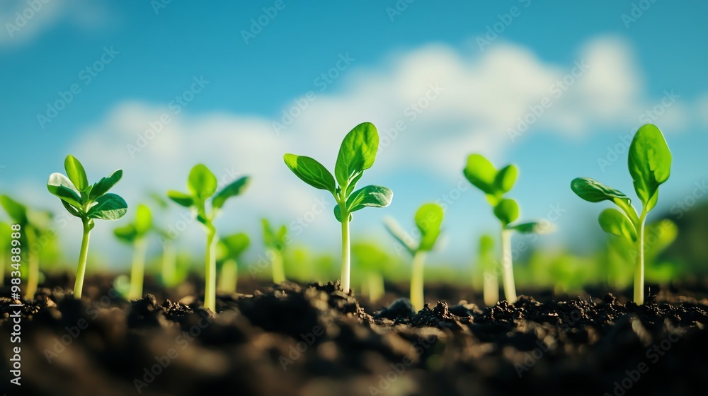 Close-up of seedlings sprouting from the ground, reaching towards the sun. Close-up of seedlings sprouting from the ground, reaching towards the sun.