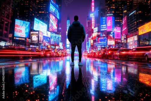 Wallpaper Mural Traveler standing in the middle of a busy city street, surrounded by lights and energy, ready to explore Torontodigital.ca