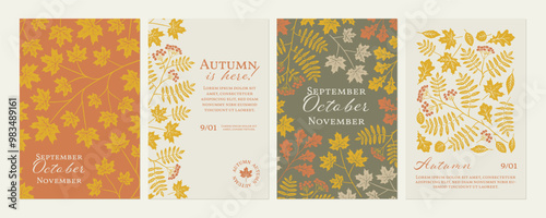 Autumn greeting card template set. Holiday background with fall leaves. Flyer design with maple, oak and rowan branches. Modern Thanksgiving poster with hand drawn illustration.