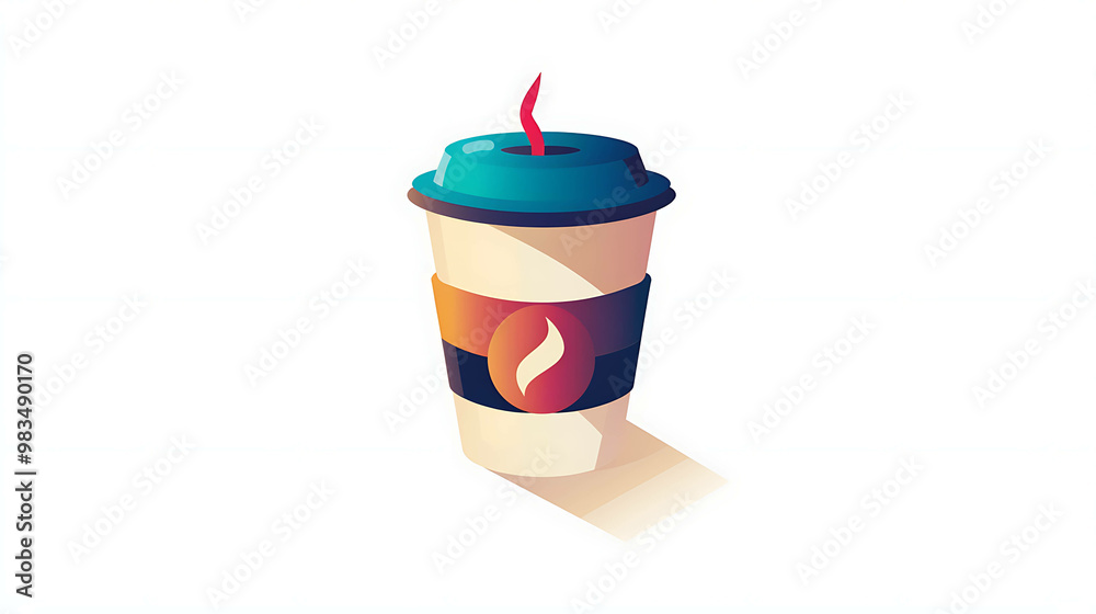 A single, stylized illustration of a disposable coffee cup with a blue lid and a red and black sleeve. A single, stylized illustration of a disposable coffee cup with a blue lid and a red and black sleeve.