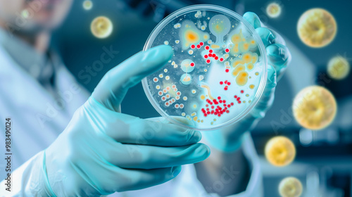 Scientist in lab coat examining microscope with bacteria samples in petri dish, symbolizing disease investigation and medical research