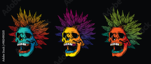A skull with an open mouth and a punk rock hairstyle. T-shirt design, stickers, print.
