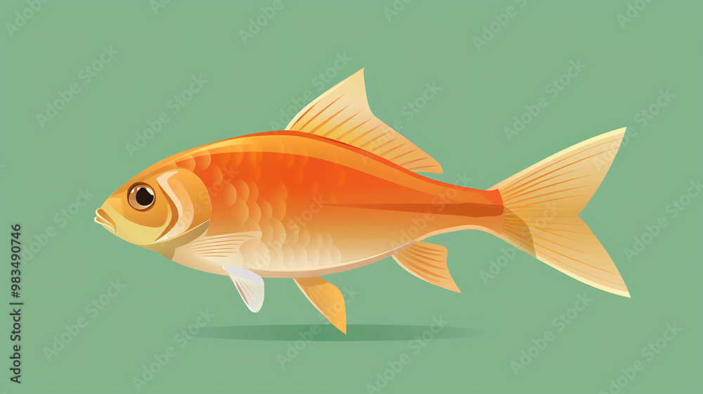 Obraz premium A cartoon illustration of a goldfish with orange and yellow scales swimming in green water.