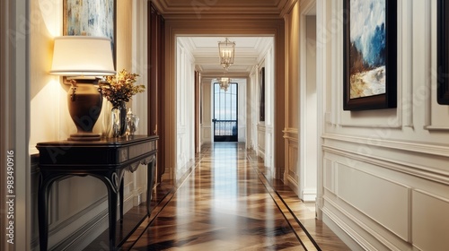 An elegant hallway adorned with artwork and a stylish console table