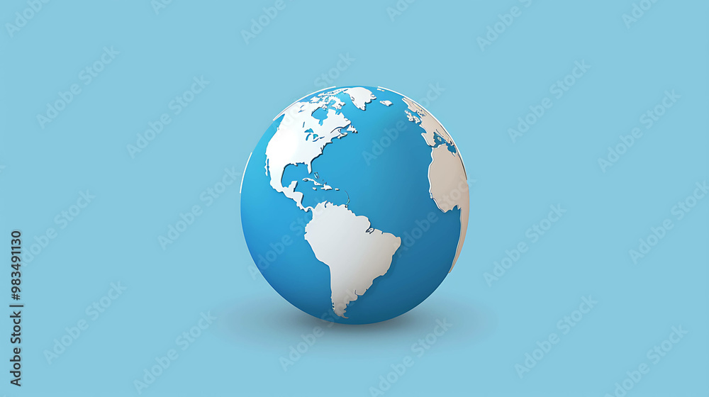 A simple blue 3D globe with white continents on a light blue background. A simple blue 3D globe with white continents on a light blue background.