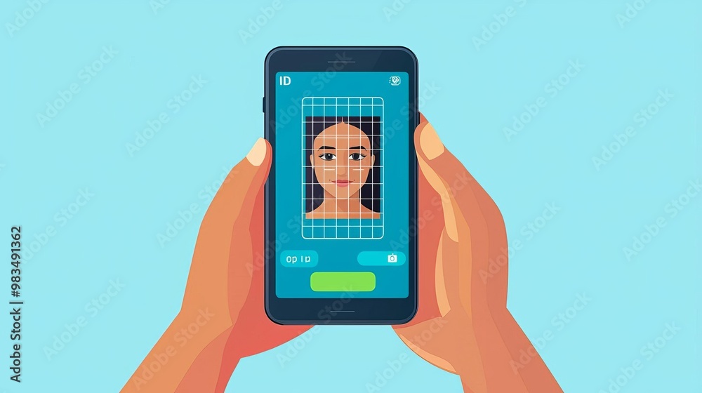 Face ID Log in Scan Hands holding a smartphone with a facial scan grid on the screen, Face ID technology, no face, flat design illustration Face ID Log in Scan Hands holding a smartphone with a facial scan grid on the screen, Face ID technology, no face, flat design illustration