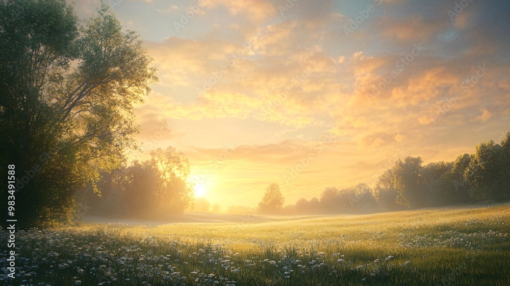 Fototapeta premium Golden Sunrise Over a Meadow with Trees and Fog