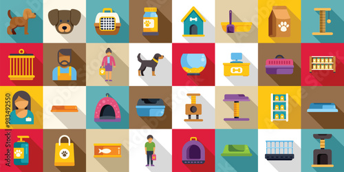 Pet shop interior icons set. This vector illustration set features icons of products and services offered by pet stores, including food and toys for cats and dogs