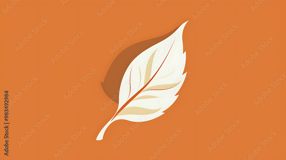 A single white leaf with a shadow on an orange background. A single white leaf with a shadow on an orange background.