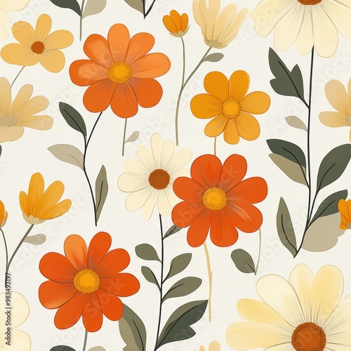 A vibrant floral pattern featuring orange, yellow, and white flowers against a light background, perfect for use in textiles, wallpapers, or stationery designs