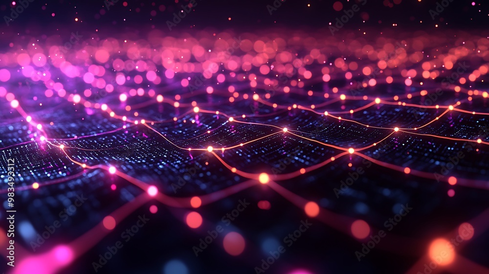 A 3D illustration of a cyber network with data streams flowing through a complex grid of blockchain nodes. The lines connecting the nodes are luminous, creating a vibrant web of big data. 4k A 3D illustration of a cyber network with data streams flowing through a complex grid of blockchain nodes. The lines connecting the nodes are luminous, creating a vibrant web of big data. 4k