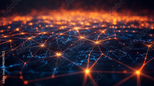 A 3D-rendered image of a cyber big data network, showcasing a series of interconnected lines and pulsing nodes. The blockchain data streams flow smoothly across the network, highlighting the