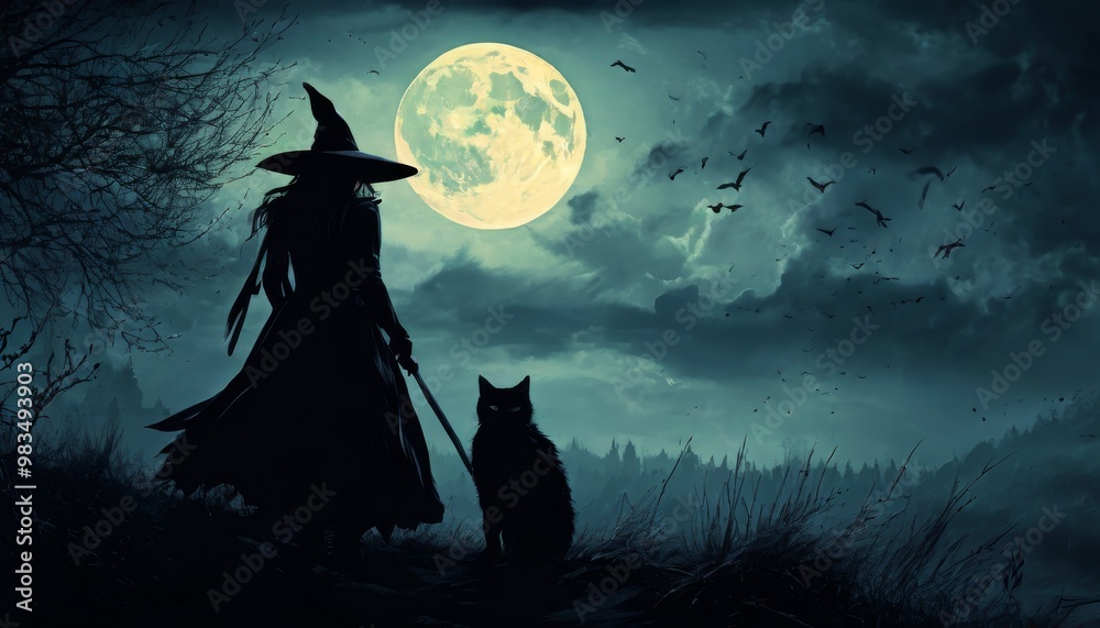 Fototapeta premium A witch and her black cat stand silhouetted against the bright full moon, surrounded by a haunting landscape. Bats fly across the sky, adding to the eerie and mysterious ambiance of this moonlit scene