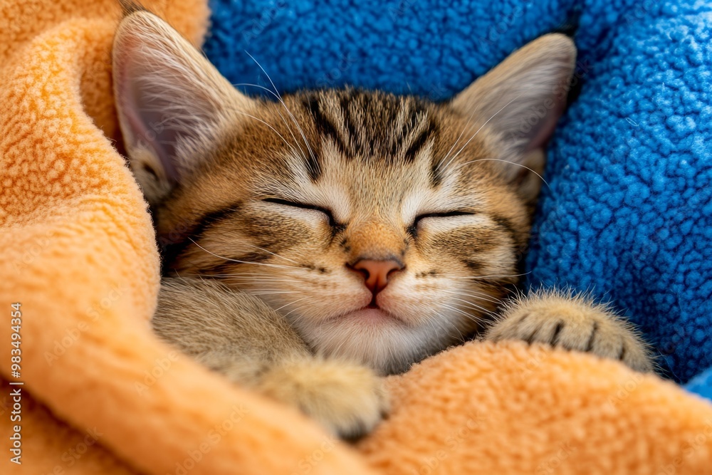 Naklejka premium A kitten snuggled up in a soft blanket, symbolizing sweet dreams and comfort