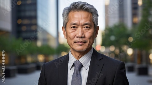 Portrait of a mature middle-aged Asian man in suit outdoors with a blurry business center in backdrop