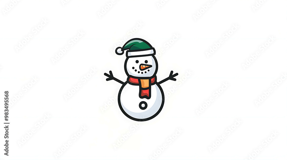 Simple cartoon snowman with a green hat and red scarf. Simple cartoon snowman with a green hat and red scarf.
