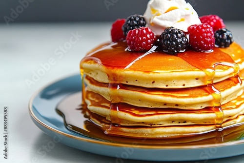 A stack of fluffy pancakes, topped with syrup, berries, and a dollop of whipped cream, looking deliciously sweet photo