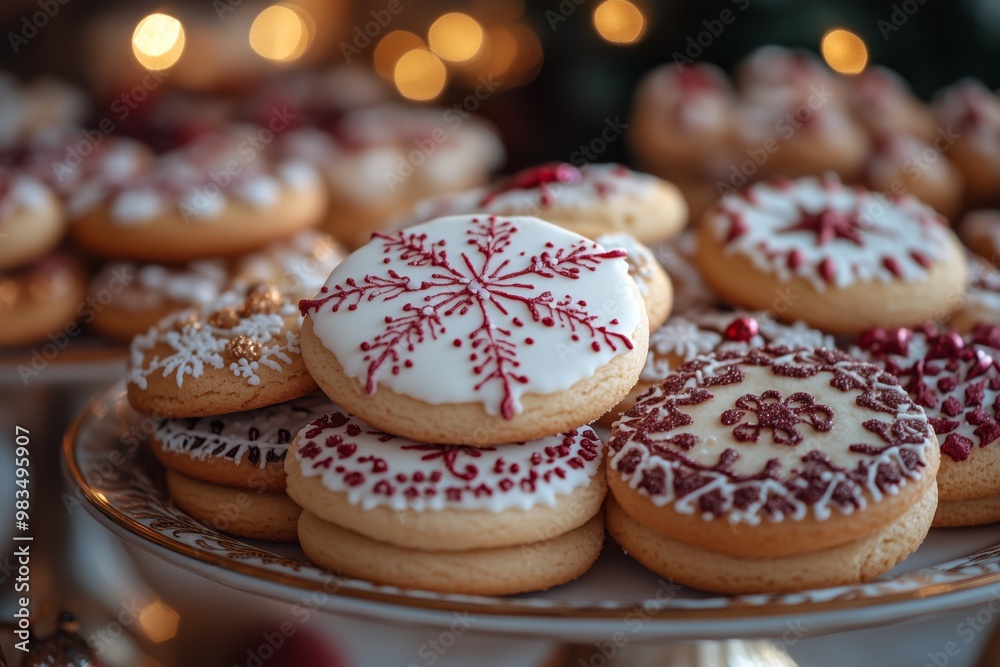 A beautifully arranged platter of Christmas cookies, gingerbread men, sugar cookies, and thumbprint cookies, set on elegant table setting A beautifully arranged platter of Christmas cookies, gingerbread men, sugar cookies, and thumbprint cookies, set on elegant table setting