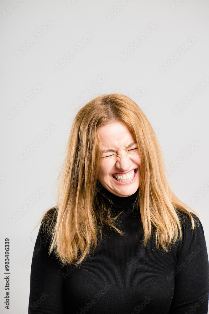 Funny, face and woman in studio space with smile, comedy and happy aesthetic style with mockup. Laughing, crazy fun and person with positive attitude, joke and casual fashion on white background. Funny, face and woman in studio space with smile, comedy and happy aesthetic style with mockup. Laughing, crazy fun and person with positive attitude, joke and casual fashion on white background.