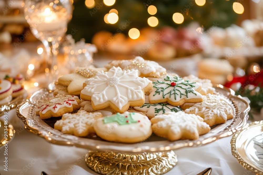 A beautifully arranged platter of Christmas cookies, gingerbread men, sugar cookies, and thumbprint cookies, set on elegant table setting A beautifully arranged platter of Christmas cookies, gingerbread men, sugar cookies, and thumbprint cookies, set on elegant table setting