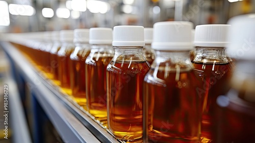 Bottles of amber liquid on conveyor belt. This image shows a conveyor belt full of bottles of amber liquid, perfect for a photo illustrating the process of manufacturing or bottling.