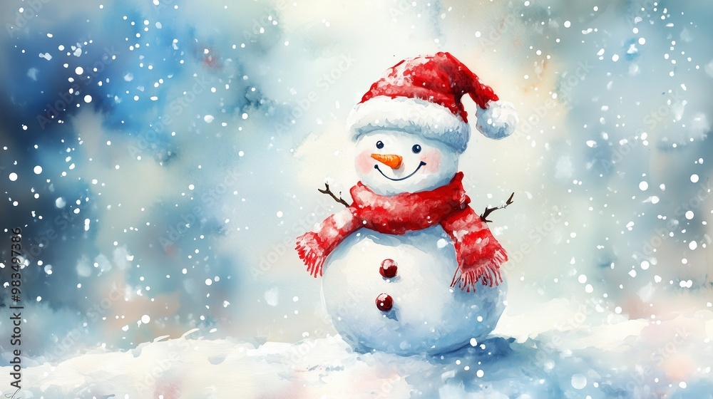 A cheerful snowman wearing a red scarf and hat stands in a snowy landscape under a light snowfall during winter A cheerful snowman wearing a red scarf and hat stands in a snowy landscape under a light snowfall during winter