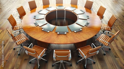 Modern Boardroom with Wooden Circular Conference Table and Chairs for Business Discussions and Presentations
