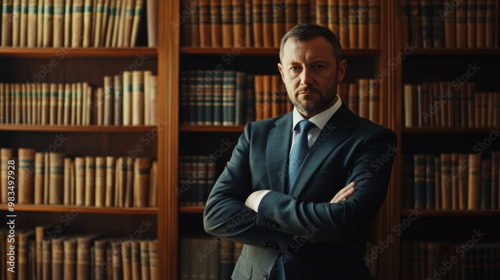 A man in a suit with arms crossed standing in a library A man in a suit with arms crossed standing in a library