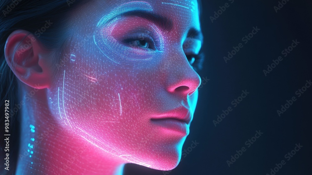 Close-up of a face with pink and blue digital charts glowing against a smooth futuristic background with soft neon lighting. Futuristic cosmetology and advanced digital beauty technologies. AI. Close-up of a face with pink and blue digital charts glowing against a smooth futuristic background with soft neon lighting. Futuristic cosmetology and advanced digital beauty technologies. AI.