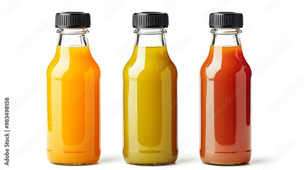 Three bottles of colorful beverages with black caps arranged side by side.