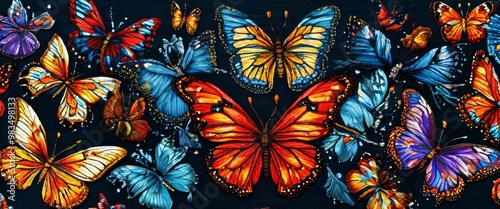 A stunning arrangement of butterflies with bright, vivid colors ranging from red and orange to blue and yellow. The butterflies are depicted in flight against a dark background, creating a beautiful