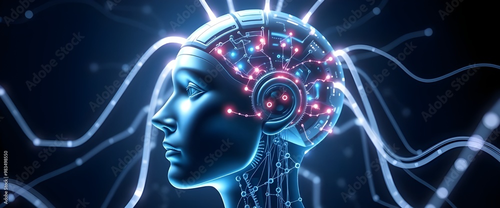 A sleek AI head model with beams of light representing data streams flowing out in all directions. A sleek AI head model with beams of light representing data streams flowing out in all directions.