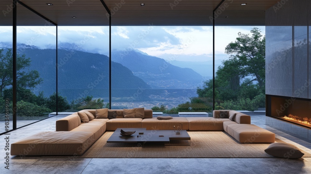 Fototapeta premium Contemporary living room with modular sofas, glass walls, and a stunning view