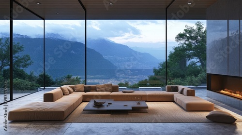 Contemporary living room with modular sofas, glass walls, and a stunning view