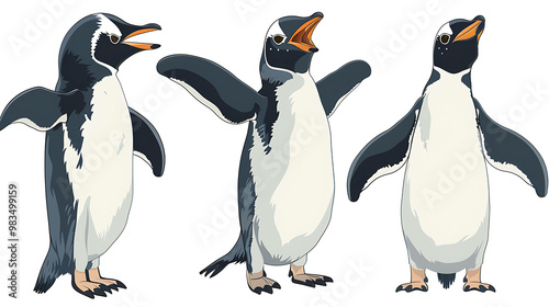 Three penguins, one with wings outstretched and two standing upright with one's beak open.