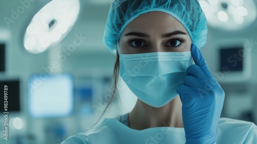 Close-up Portrait of a Female Surgeon Wearing a Mask and Gloves in an Operating Room photo