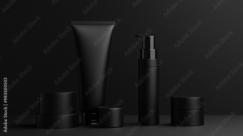 Elegant arrangement of black skincare containers against a dark backdrop, highlighting minimalist beauty products Elegant arrangement of black skincare containers against a dark backdrop, highlighting minimalist beauty products