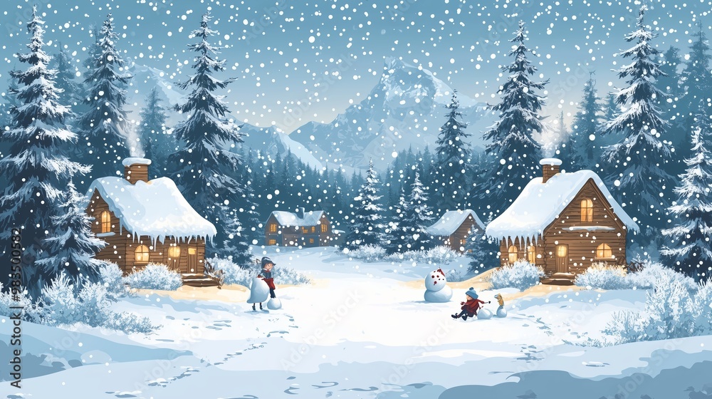 Naklejka premium A serene winter scene featuring several cozy log cabins nestled among tall snow-covered pine trees.