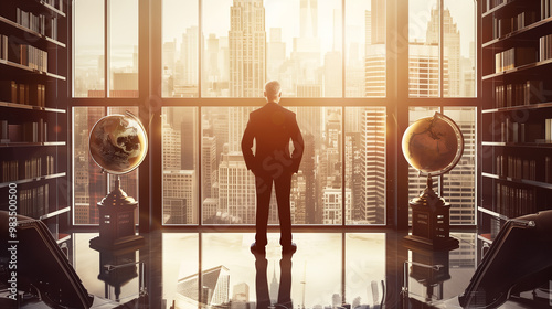 A powerful media mogul stands in a grand office, overlooking a vibrant city skyline through floor-to-ceiling windows, holding a tablet surrounded by awards and a globe, exuding authority.