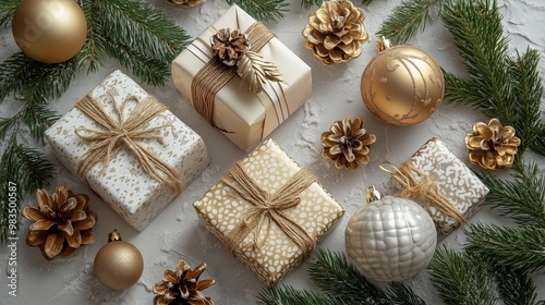 A festive flat lay composition featuring beautifully wrapped Christmas presents adorned with golden ribbons, surrounded by gold and white baubles, pine cones, and evergreen branches.