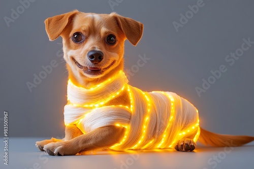 Spoopy mummy dog, wagging its tail, wrapped in soft, glowing bandages photo