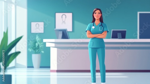 A Female Doctor in a Hospital Lobby