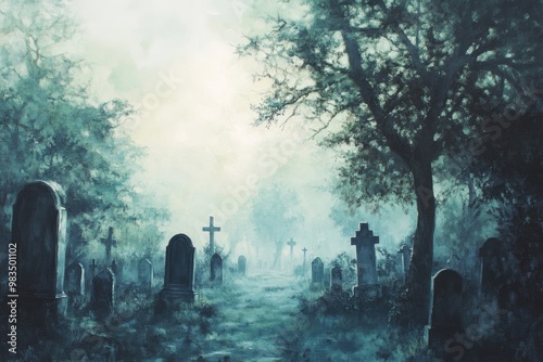 A Foggy Graveyard with Crosses and Tombstones