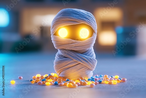 Spoopy mummy with glowing eyes, unwrapping itself to reveal candy inside photo