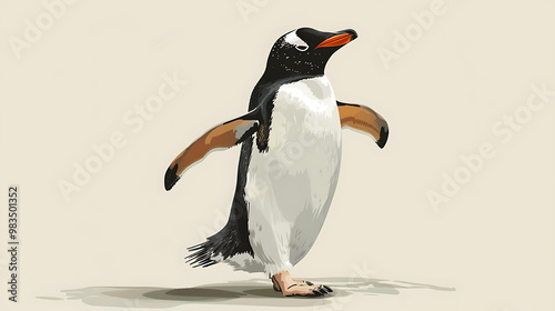 A single, cartoon-style gentoo penguin walks with its wings out. photo